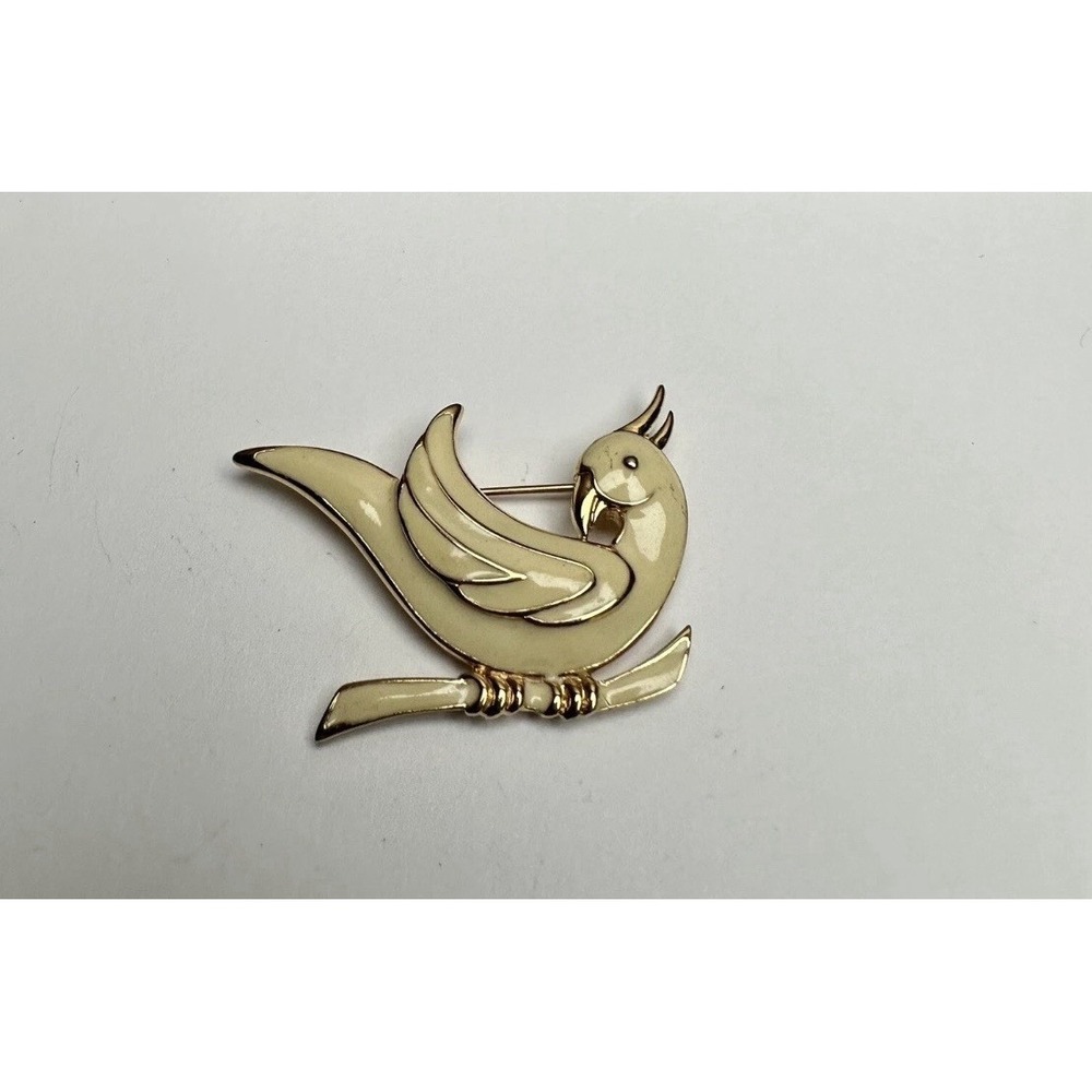 Monet Bird On A Branch Cream Enamel Gold Tone Brooch Pin